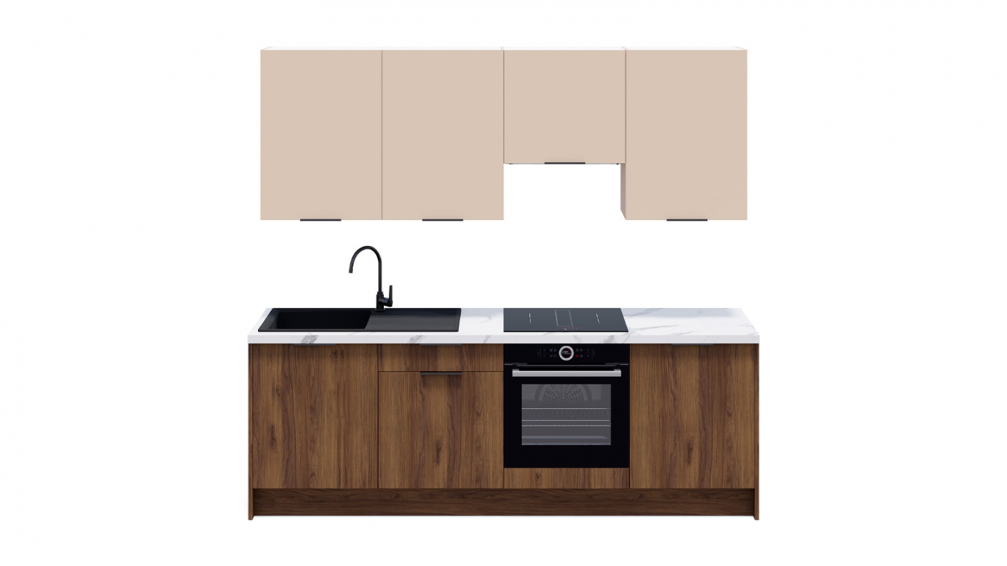 Ensemble de 8 meubles de cuisine - L. 245 cm - noyer brun et cachemire - Sierra Signature