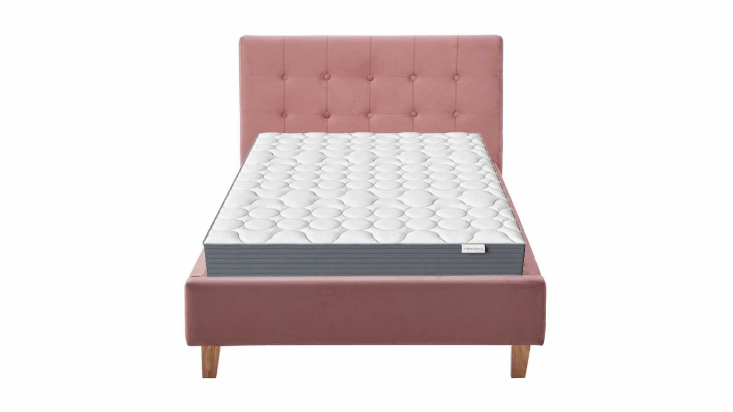 Ensemble Lit adulte 90x190cm avec tête de lit en velours vieux rose - Milo + Matelas mémoire de forme - Memo HR