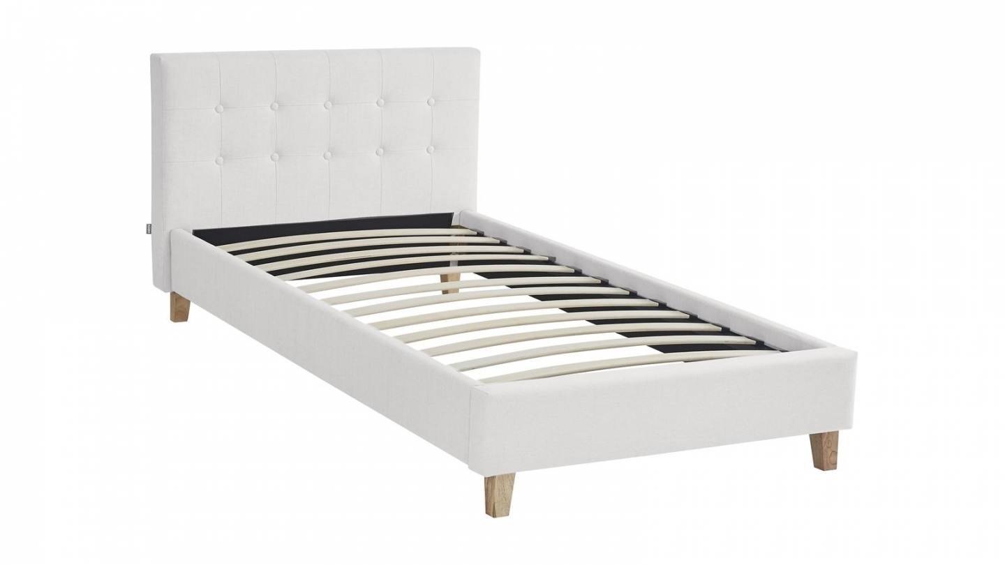 Ensemble Lit adulte 90x190cm avec tête de lit en tissu beige - Milo + Matelas mémoire de forme - Memo HR