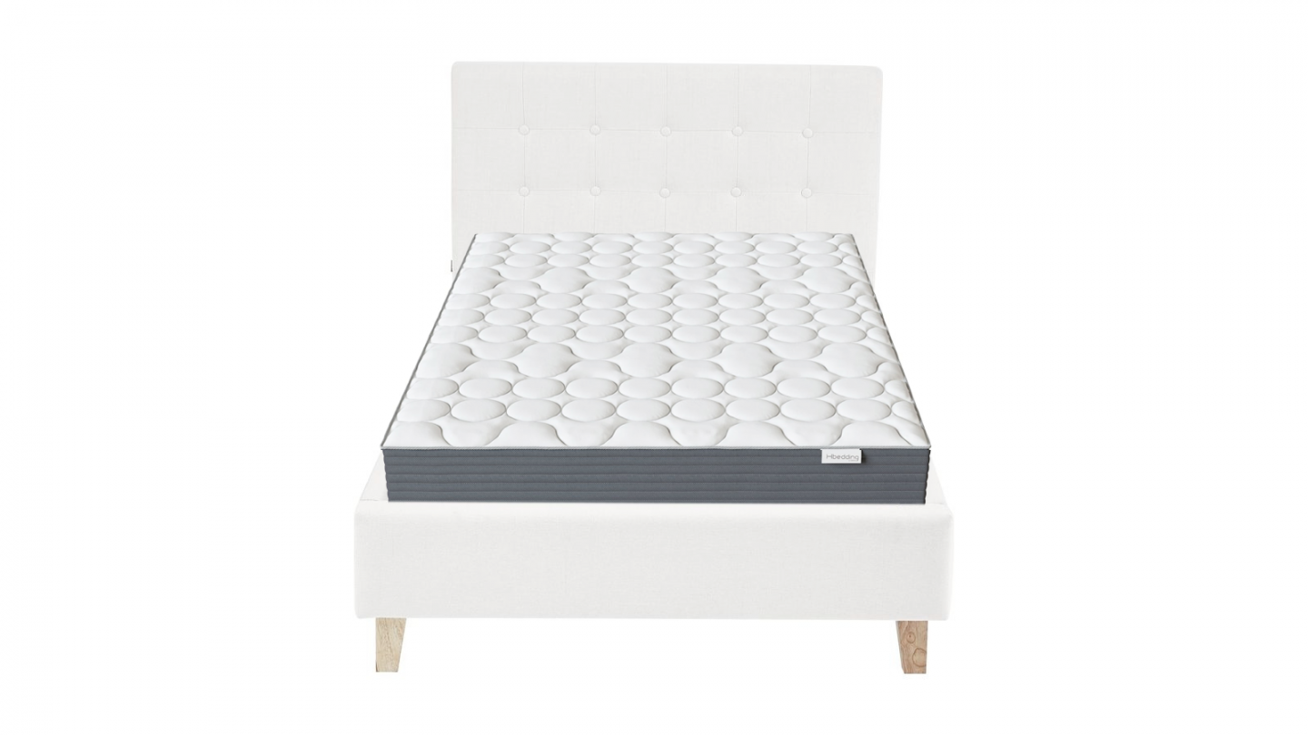 Ensemble Lit adulte 90x190cm avec tête de lit en tissu beige - Milo + Matelas mémoire de forme - Memo HR