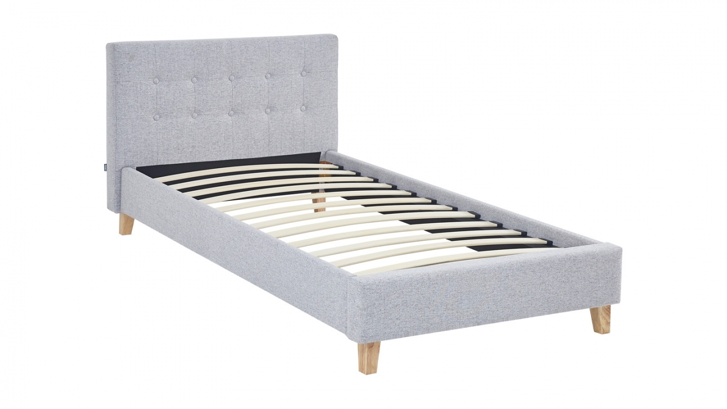 Ensemble Lit adulte 90x190cm avec tête de lit en tissu gris chiné - Milo + Matelas mémoire de forme - Memo HR