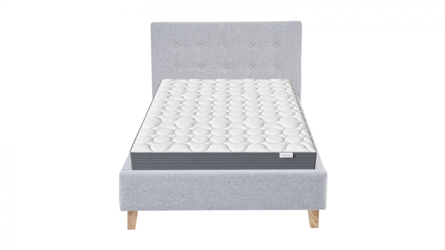 Ensemble Lit adulte 90x190cm avec tête de lit en tissu gris chiné - Milo + Matelas mémoire de forme - Memo HR