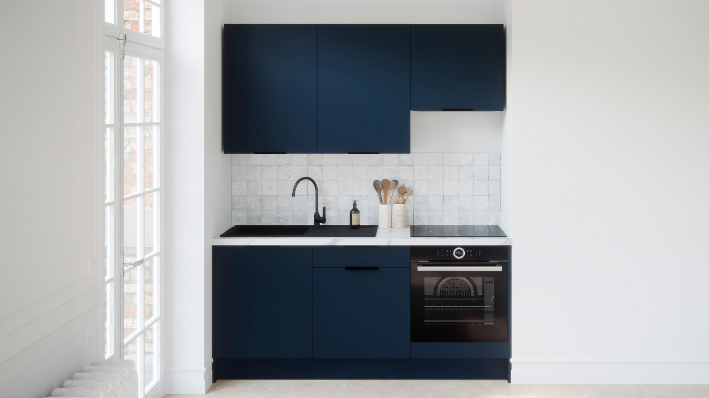 Ensemble de 6 meubles de cuisine - L. 185 cm - bleu marine - Luzia