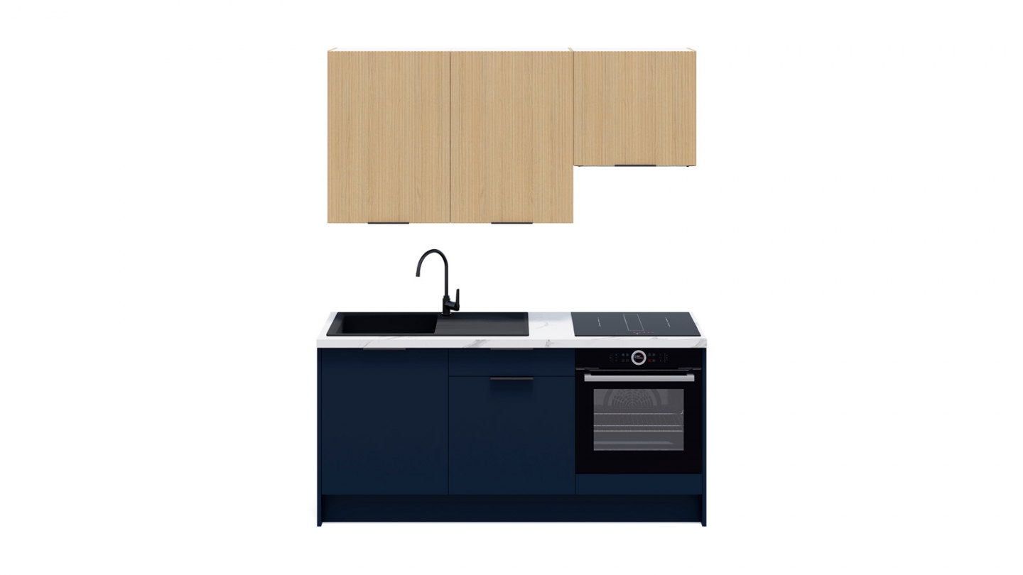 Ensemble de 6 meubles de cuisine - L. 185 cm - bleu marine et chêne clair cannelé - Luzia Signature