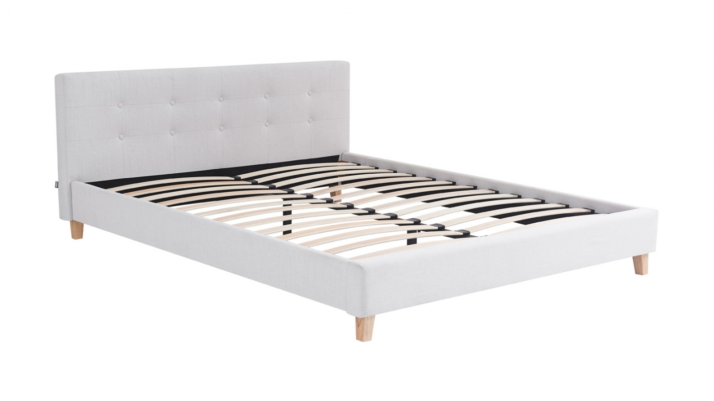 Ensemble Lit adulte 140x190cm avec tête de lit en tissu beige - Milo + Matelas mémoire de forme - Memo HR