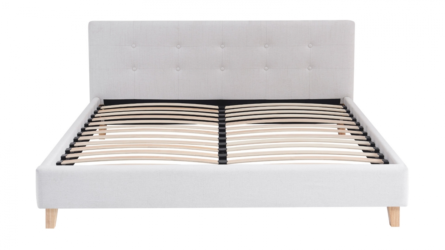 Ensemble Lit adulte 140x190cm avec tête de lit en tissu beige - Milo + Matelas mémoire de forme - Memo HR