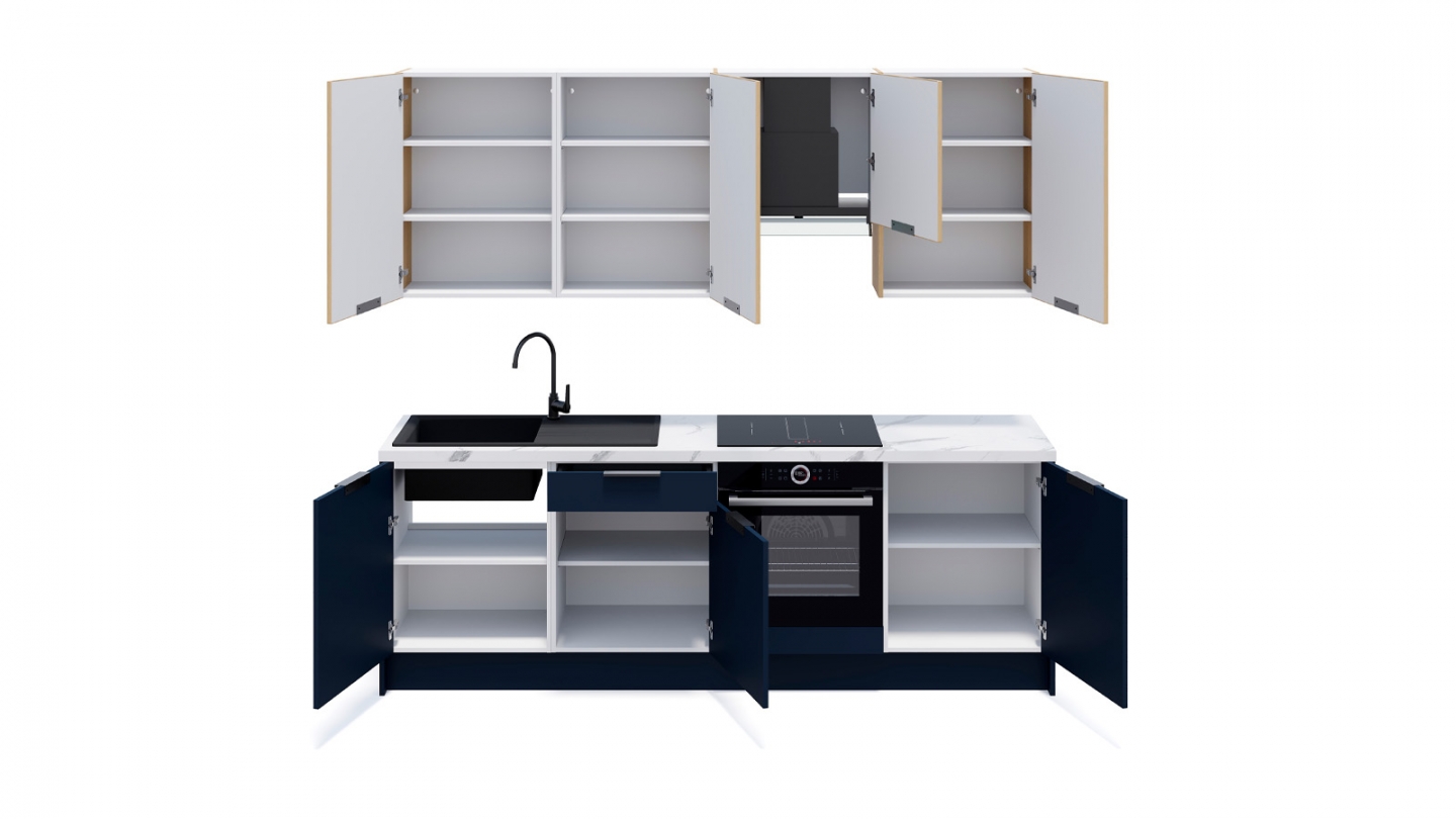Ensemble de 8 meubles de cuisine - L. 245 cm - bleu marine et chêne clair cannelé - Luzia Signature