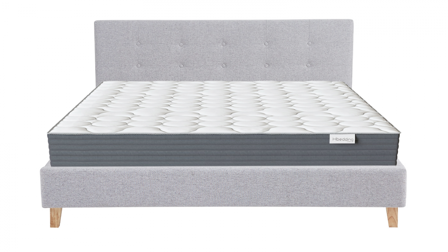 Ensemble Lit adulte 140x190cm avec tête de lit en tissu gris chiné - Milo + Matelas mémoire de forme - Memo HR