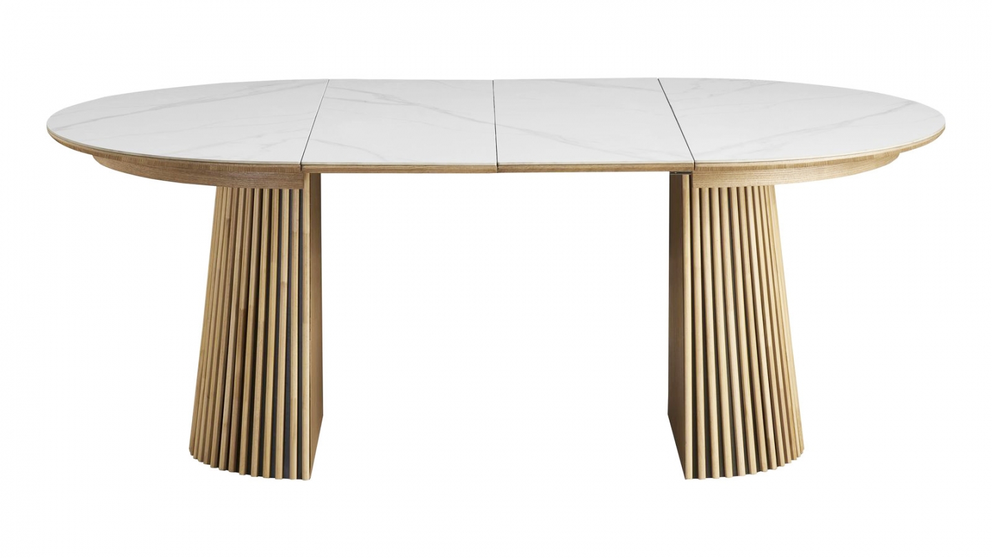 Table à manger ronde extensible plateau en céramique effet marbre et piètement bois clair 4 à 8 pers. 120/200 cm - Ada