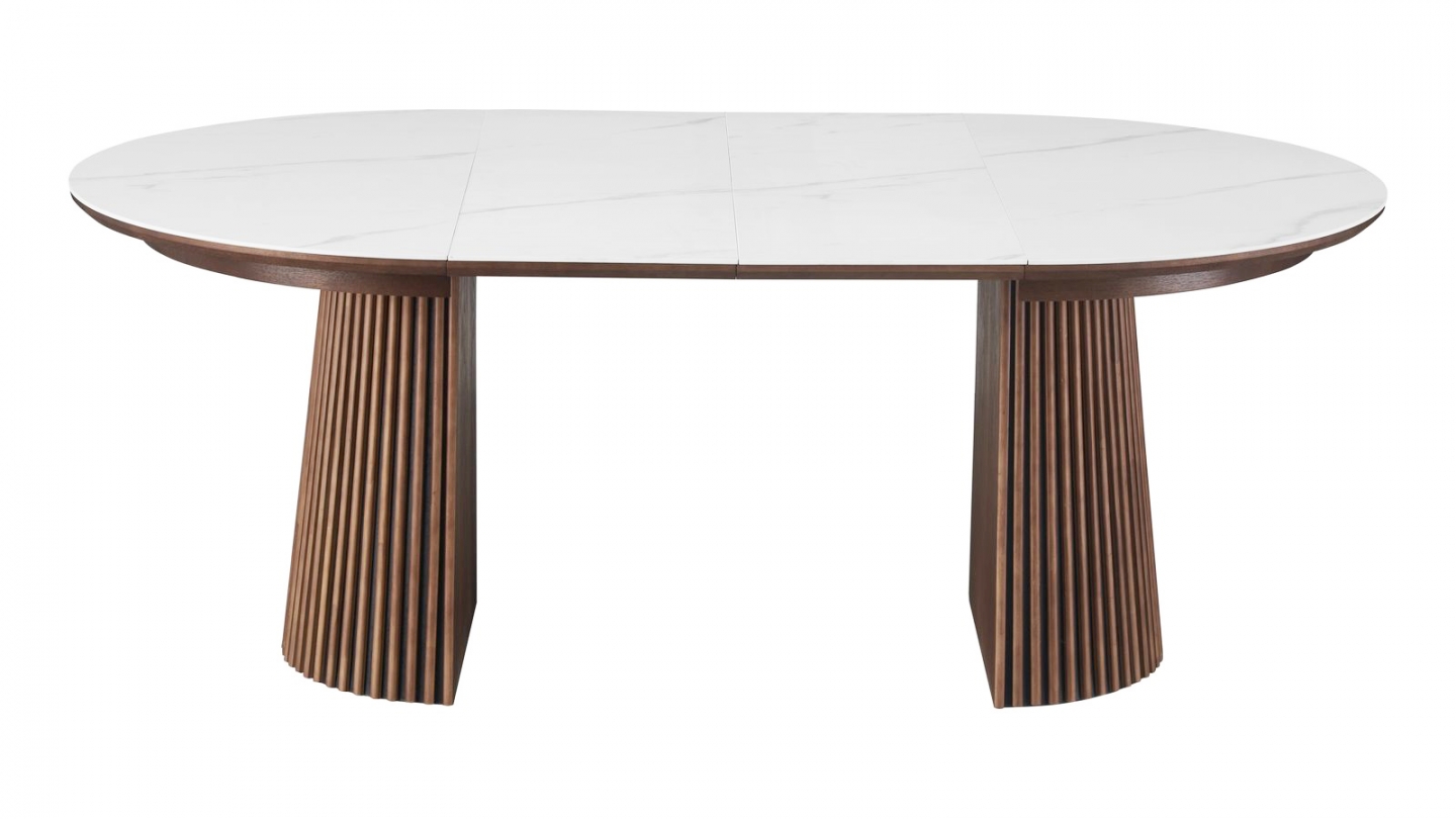 Table à manger ronde extensible plateau en céramique effet marbre et piètement en effet noyer 4 à 8 pers. 120/200 cm - Ada Table à manger ronde extensible plateau en céramique effet marbre et piètement en effet noyer 4 à 8 pers. 120/200 cm - Ada