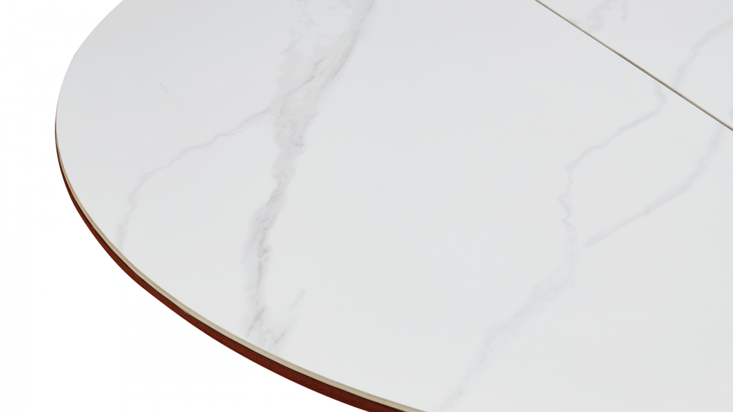 Table à manger ronde extensible plateau en céramique effet marbre et piètement en effet noyer 4 à 8 pers. 120/200 cm - Ada Table à manger ronde extensible plateau en céramique effet marbre et piètement en effet noyer 4 à 8 pers. 120/200 cm - Ada