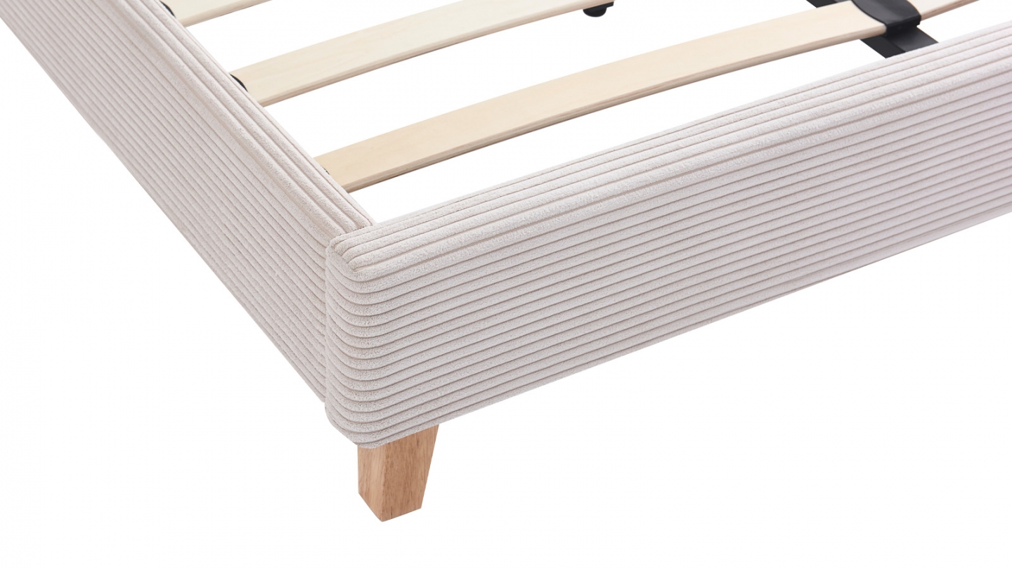 Ensemble Lit adulte 160x200cm avec tête de lit en velours côtelé beige - Milo + Matelas mémoire de forme - Memo HR
