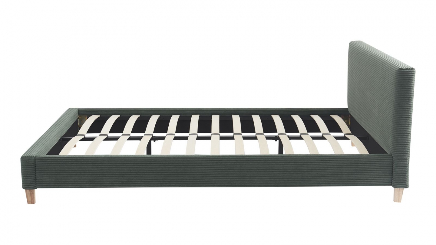 Ensemble Lit adulte 160x200cm avec tête de lit en velours côtelé vert kaki - Milo + Matelas mémoire de forme - Memo HR