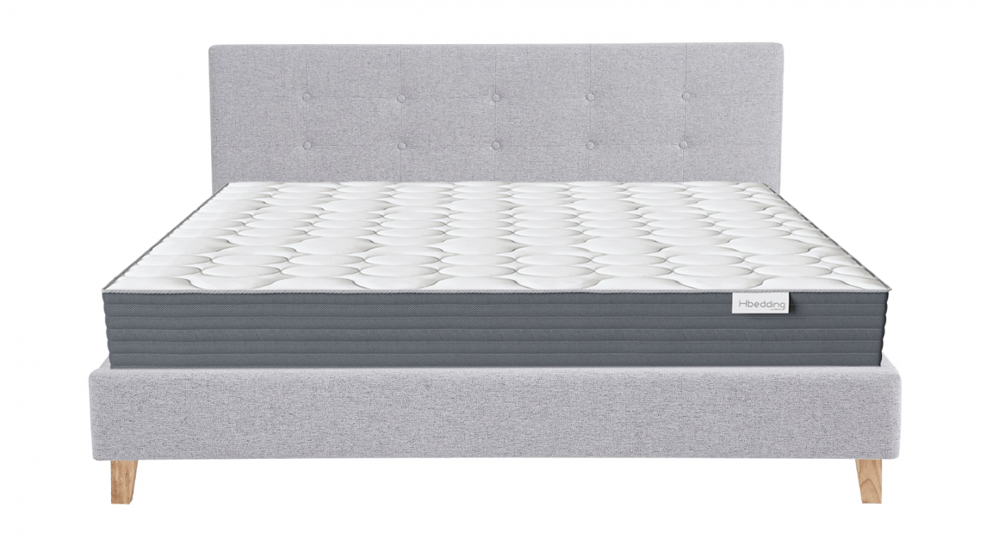 Ensemble Lit adulte 160x200cm avec tête de lit en tissu gris chiné - Milo + Matelas mémoire de forme - Memo HR