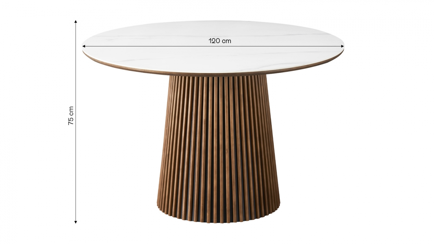 Table à manger ronde plateau en céramique effet marbre et piètement effet noyer 5 à 6 pers. 120 cm - Ada