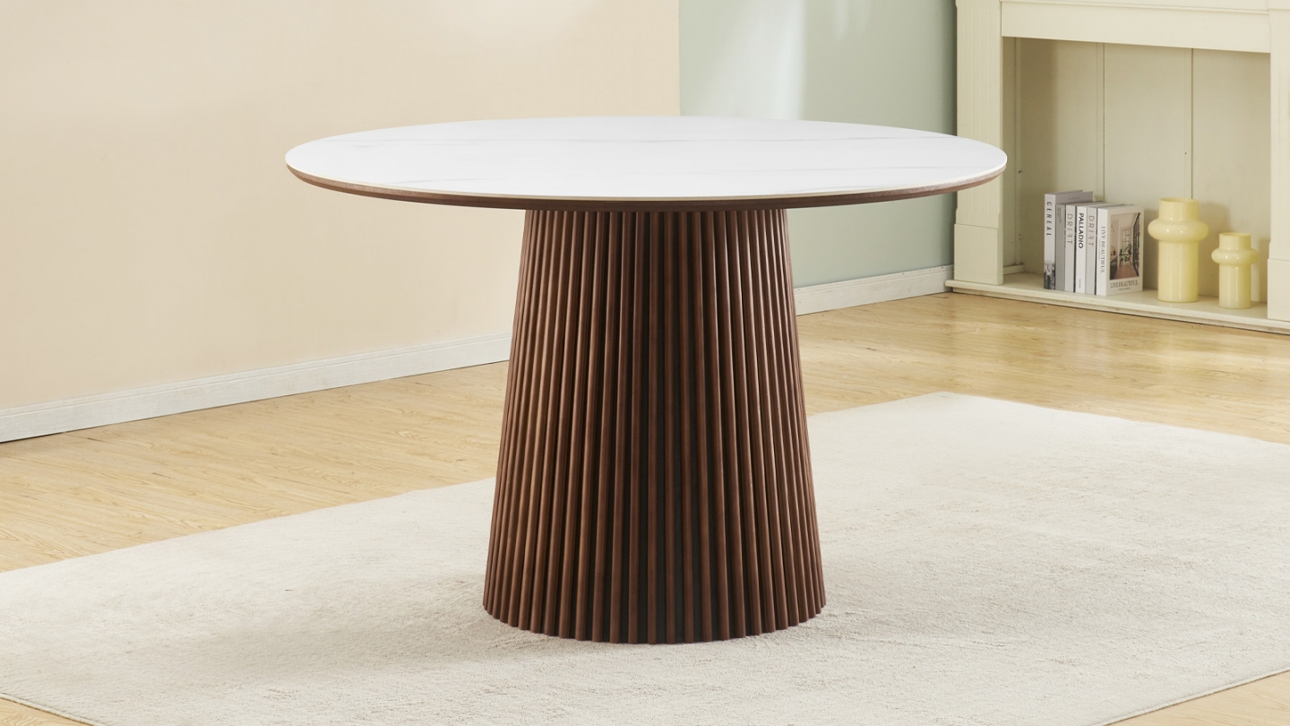 Table à manger ronde plateau en céramique effet marbre et piètement effet noyer 5 à 6 pers. 120 cm - Ada