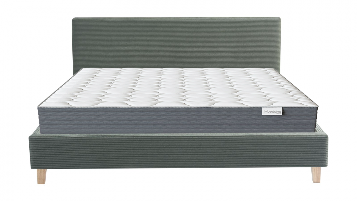 Ensemble Lit adulte 180x200cm avec tête de lit en velours côtelé vert kaki - Milo + Matelas mémoire de forme - Memo HR