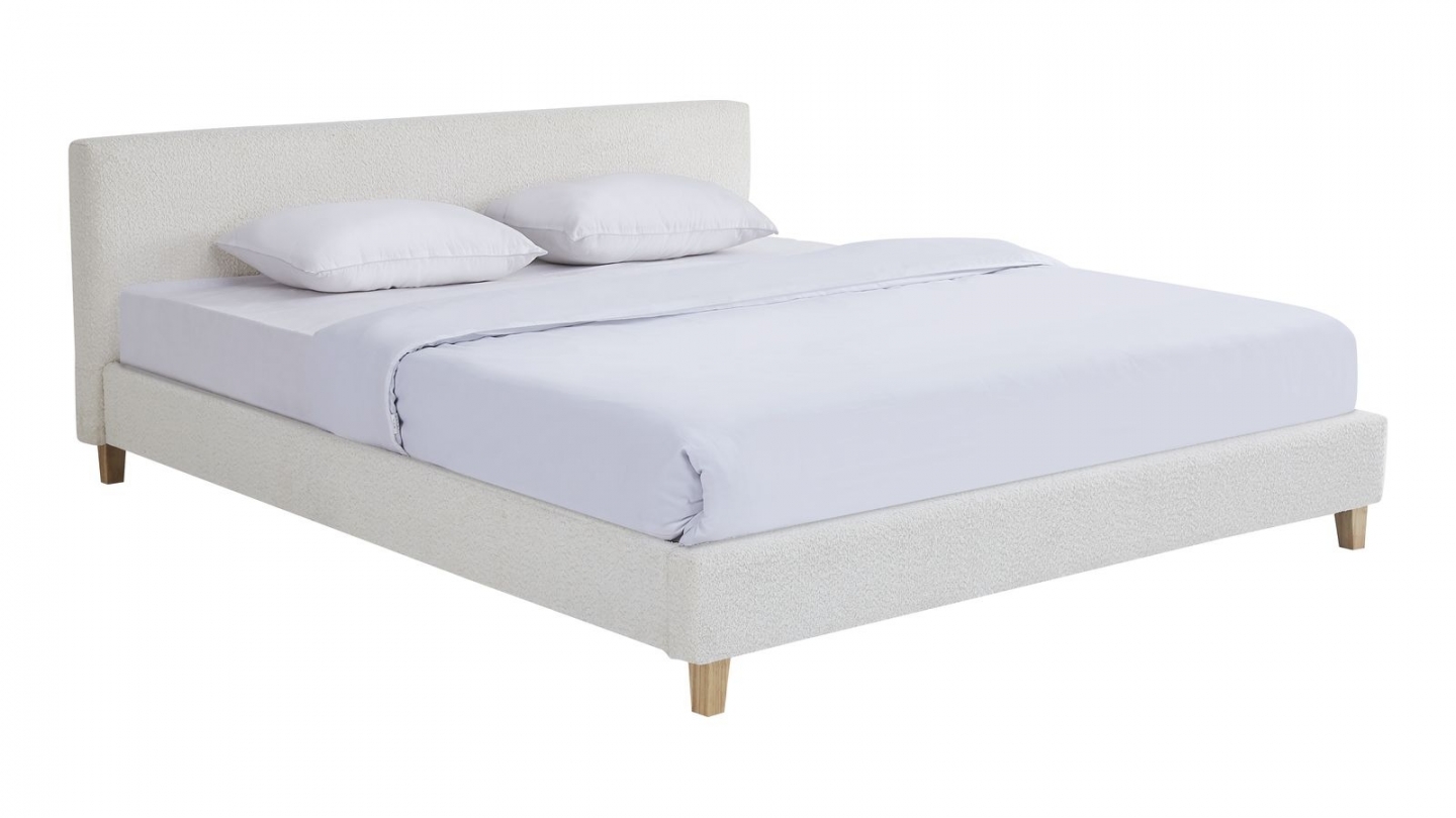 Ensemble Lit adulte 180x200cm avec tête de lit en tissu bouclé beige - Milo + Matelas mémoire de forme - Memo HR
