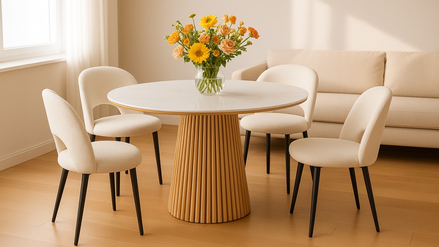 Table à manger ronde plateau en céramique effet marbre et piètement bois clair 5 à 6 pers. 120 cm - Ada
