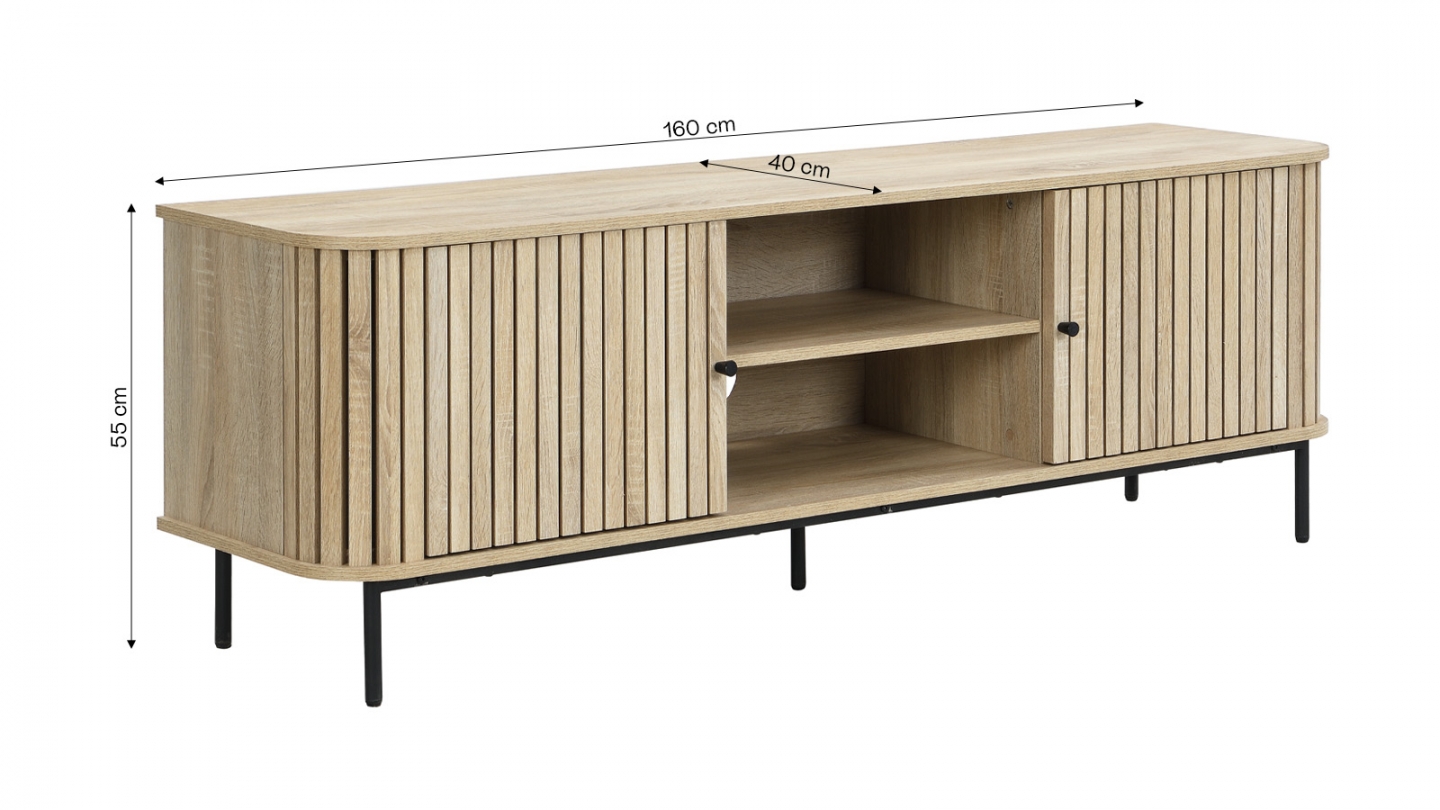 Meuble TV 2 portes rainurées couleur chêne L160xH55 cm - Solna