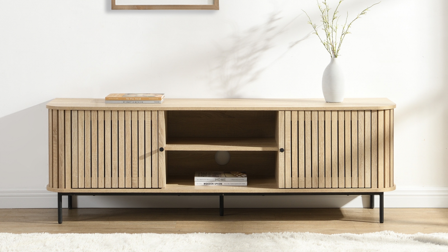Meuble TV 2 portes rainurées couleur chêne L160xH55 cm - Solna