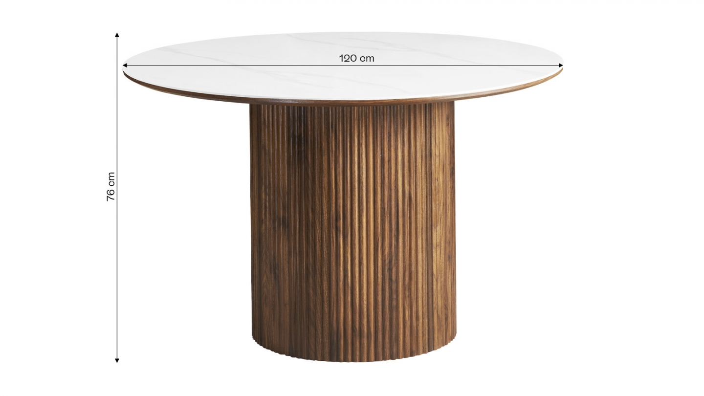 Table à manger ronde plateau en céramique effet marbre et piètement effet noyer 5 à 6 pers. 120 cm - Mira
