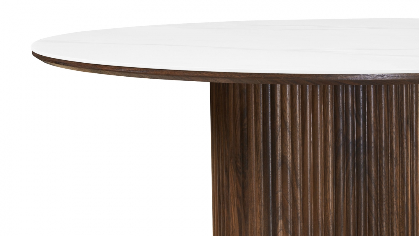 Table à manger ronde plateau en céramique effet marbre et piètement effet noyer 5 à 6 pers. 120 cm - Mira