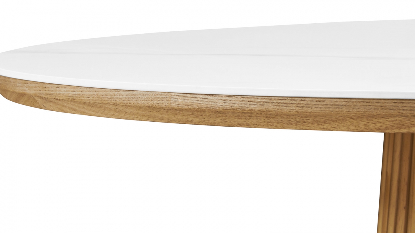 Table basse ronde plateau en céramique effet marbre et piètement bois clair - 80 cm- Ada
