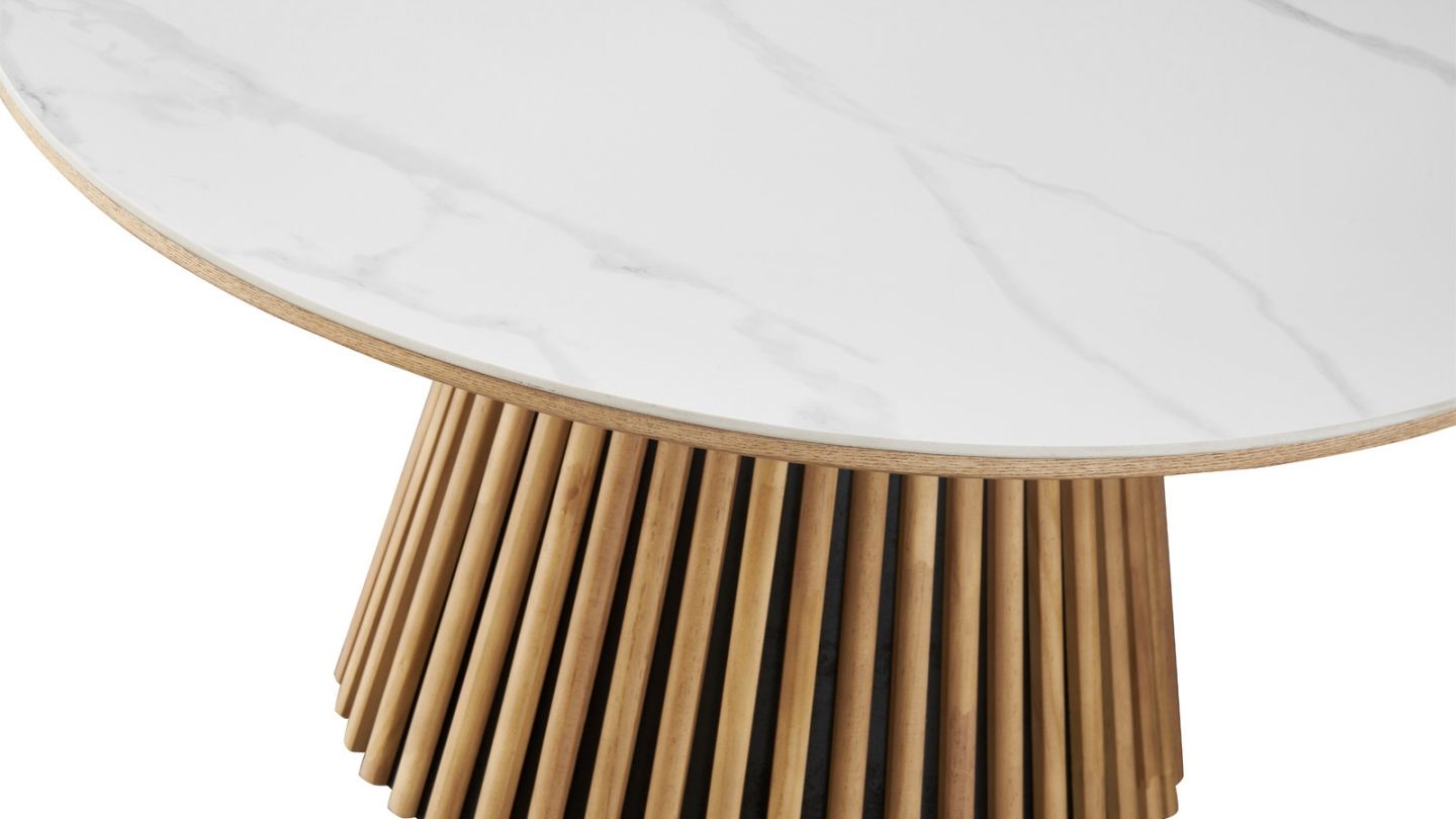 Table basse ronde plateau en céramique effet marbre et piètement bois clair - 80 cm- Ada