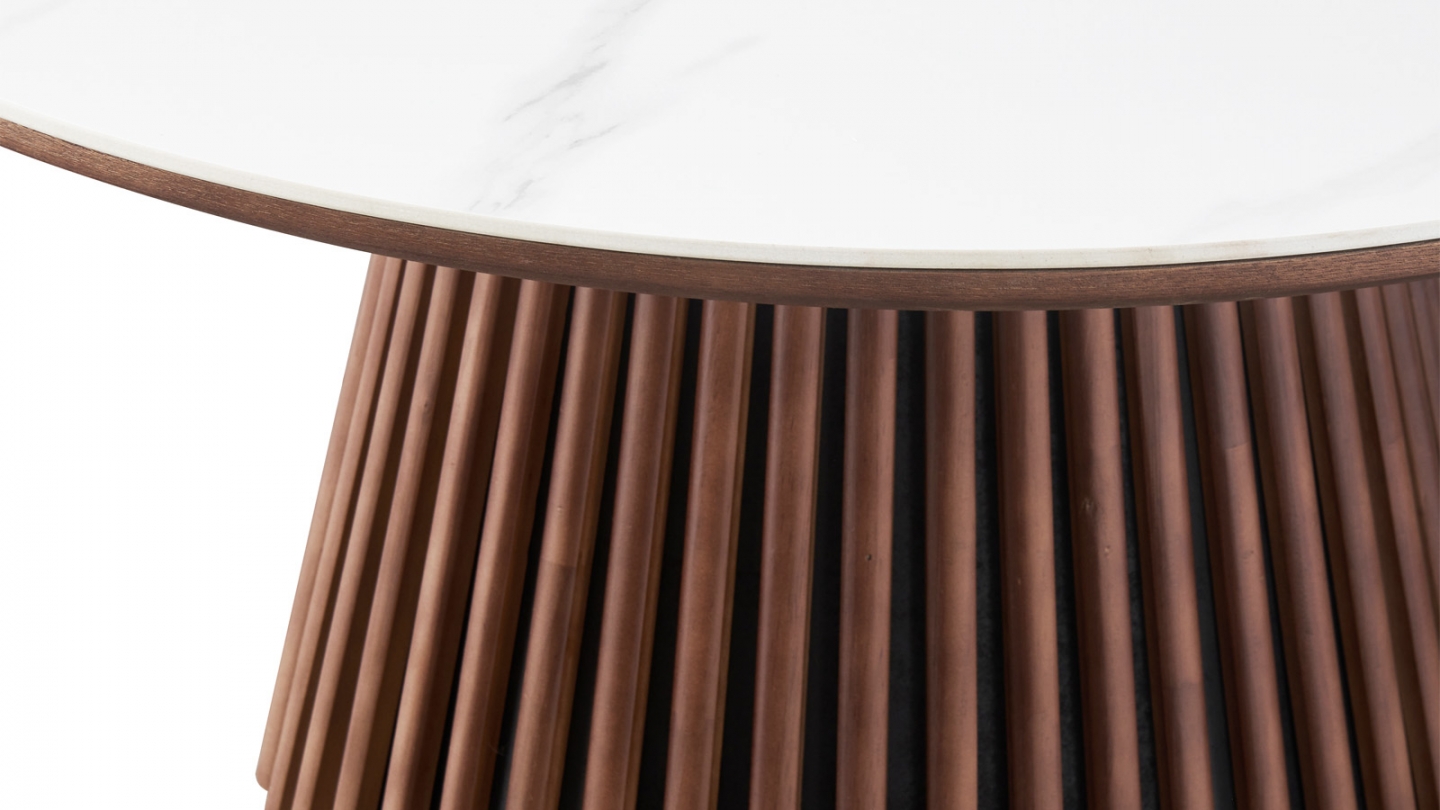 Table basse ronde plateau en céramique effet marbre et piètement effet noyer- 80 cm - Ada