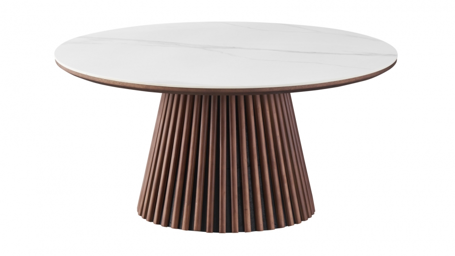 Table basse ronde plateau en céramique effet marbre et piètement effet noyer- 80 cm - Ada
