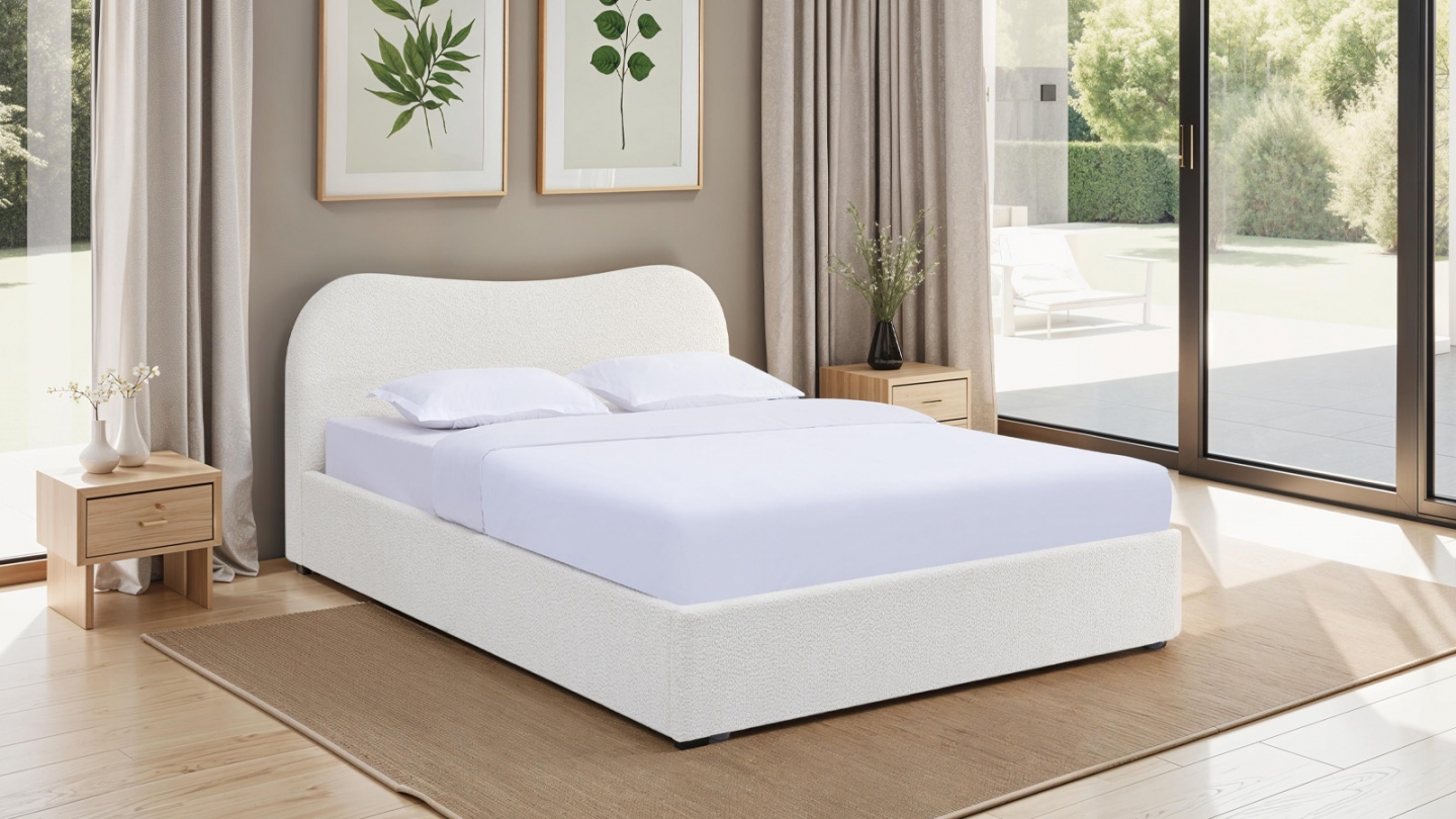 Lit coffre adulte 160x200 cm avec tête le lit arrondie en tissu bouclé beige - Suzon