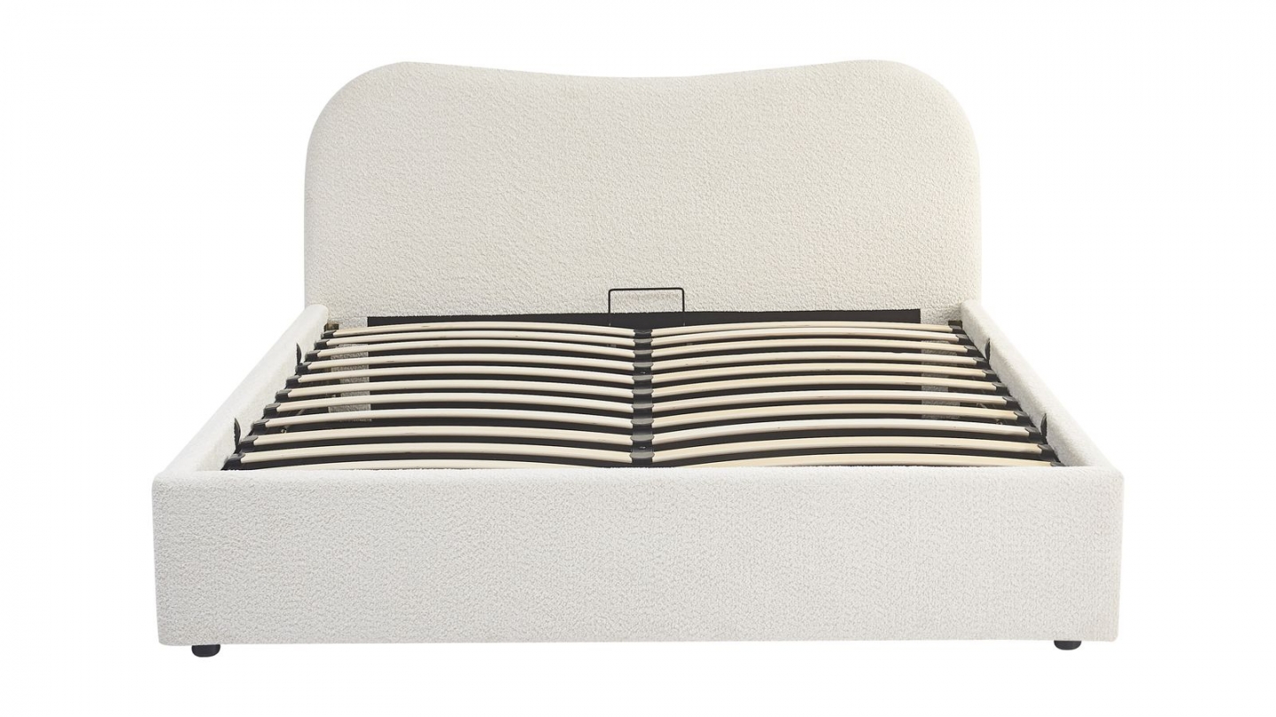 Lit coffre adulte 140x190 cm avec tête le lit arrondie en tissu bouclé beige - Suzon