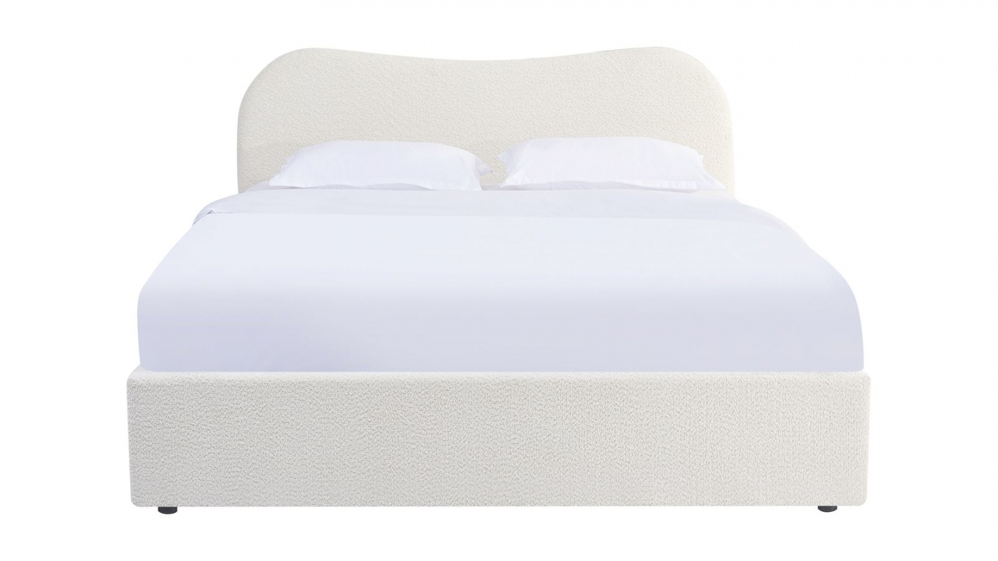 Lit coffre adulte 140x190 cm avec tête le lit arrondie en tissu bouclé beige - Suzon
