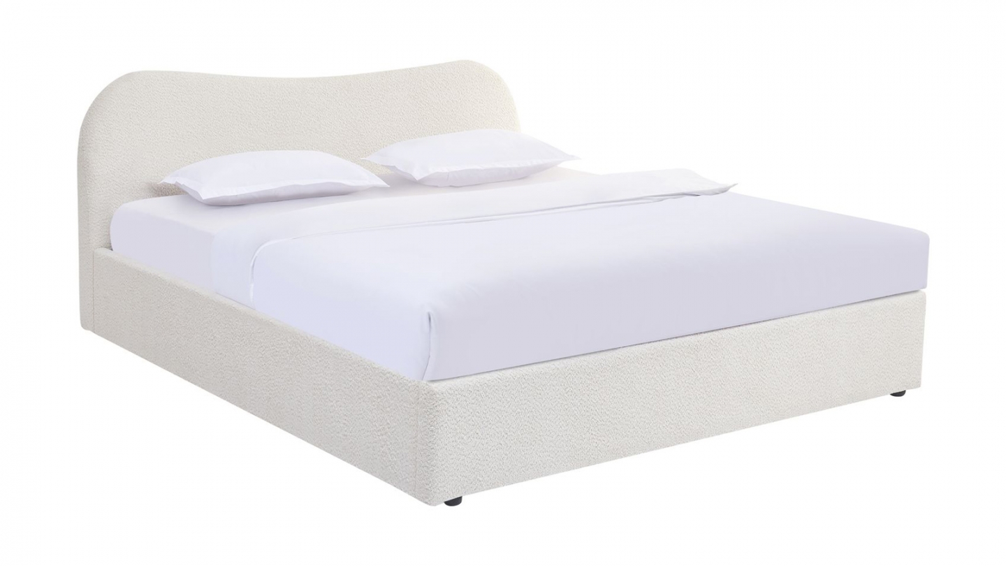 Lit coffre adulte 180x200 cm avec tête le lit arrondie en tissu bouclé beige - Suzon