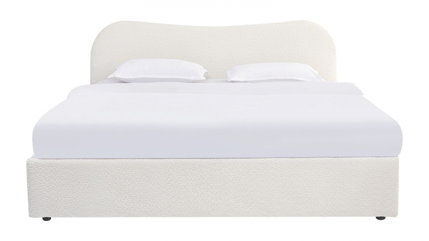 Lit coffre adulte 180x200 cm avec tête le lit arrondie en tissu bouclé beige - Suzon