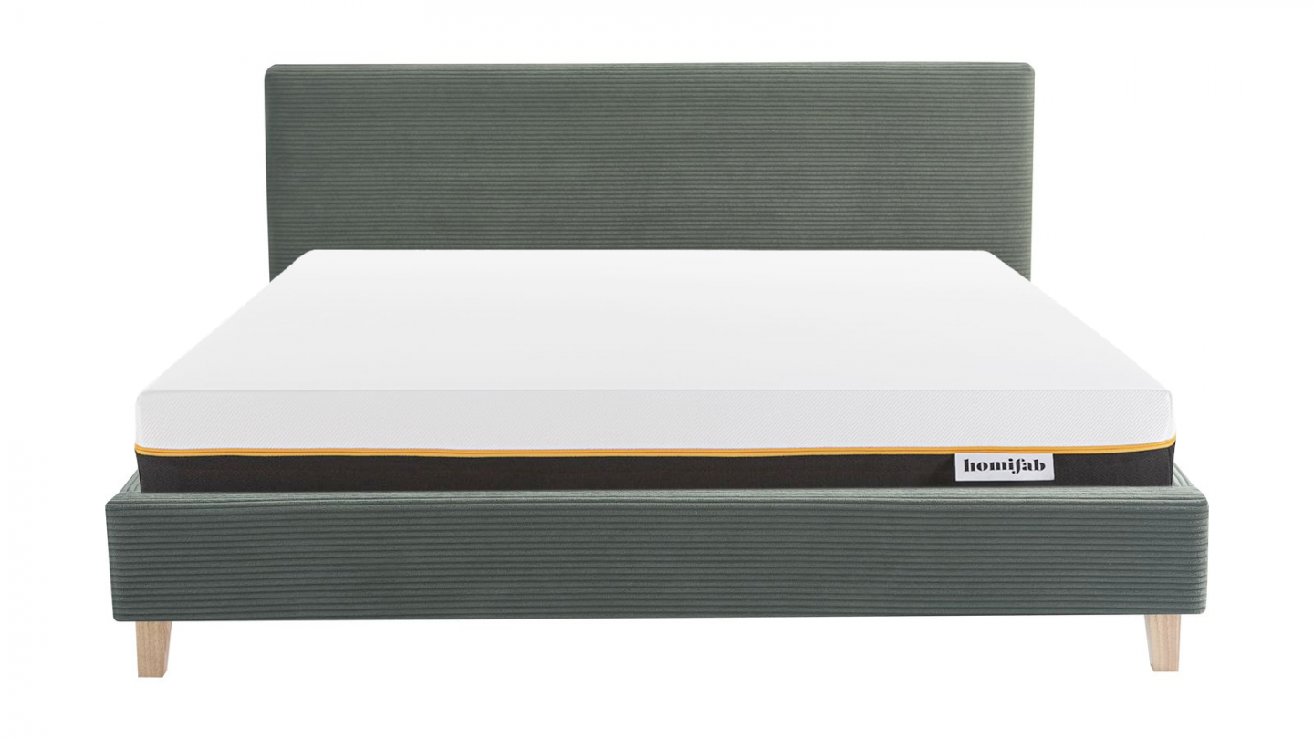 Ensemble Lit adulte 180x200cm avec tête de lit en velours côtelé vert kaki - Milo + Matelas mémoire de forme - Dual Confort