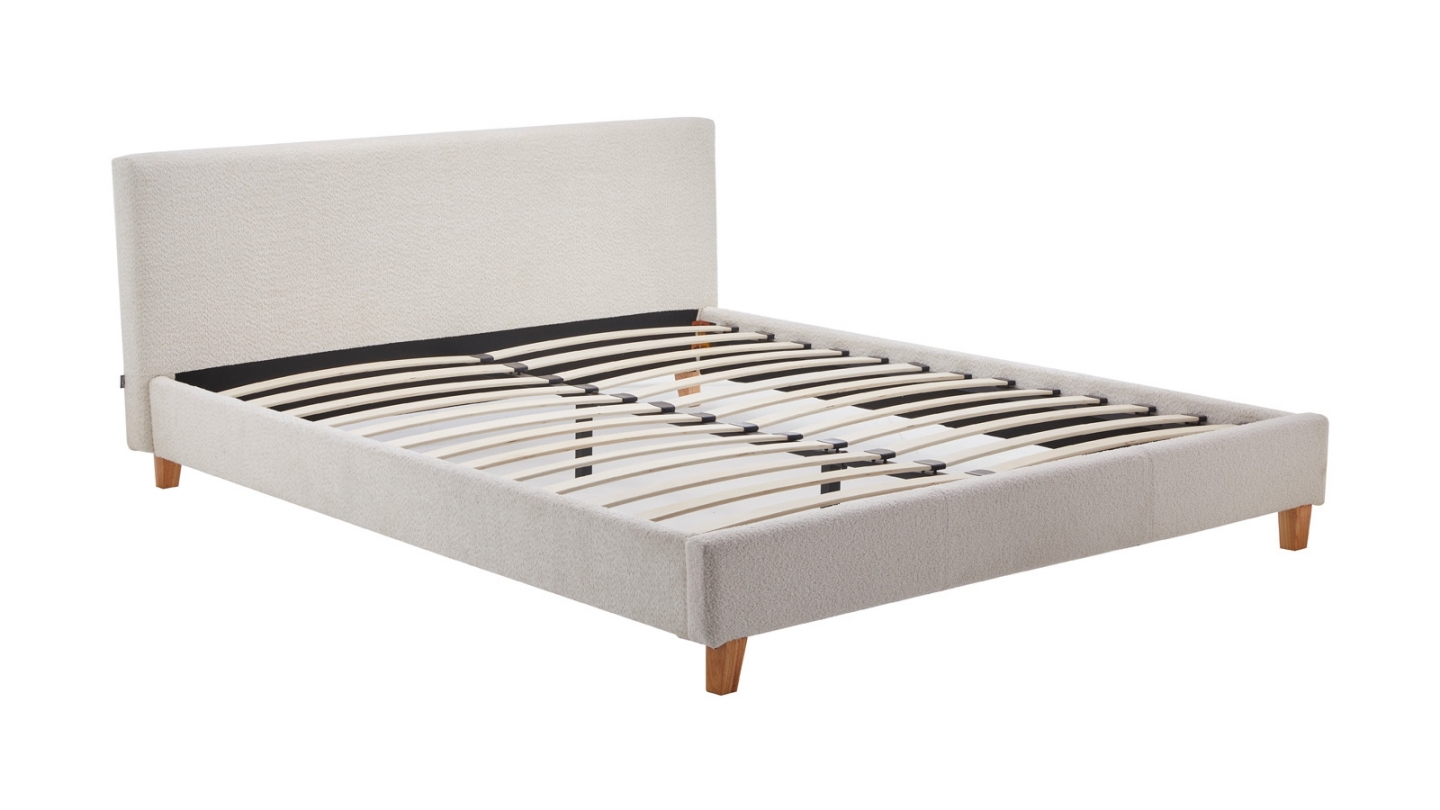 Ensemble Lit adulte 160x200cm avec tête de lit en tissu bouclé beige - Milo + Matelas mémoire de forme - Dual Confort