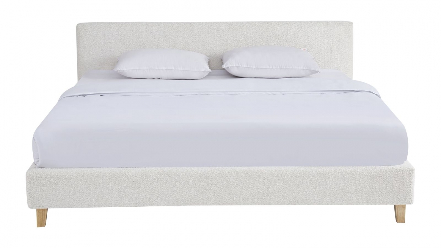 Ensemble Lit adulte 160x200cm avec tête de lit en tissu bouclé beige - Milo + Matelas mémoire de forme - Dual Confort