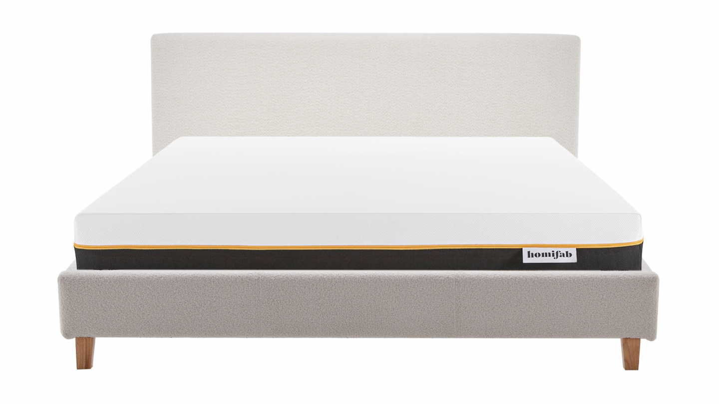 Ensemble Lit adulte 160x200cm avec tête de lit en tissu bouclé beige - Milo + Matelas mémoire de forme - Dual Confort