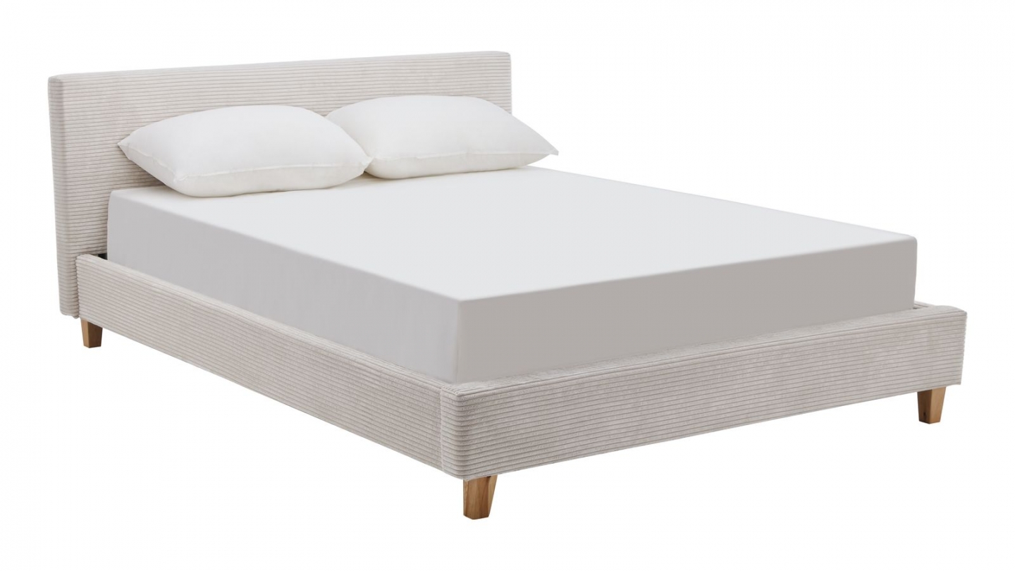 Ensemble Lit adulte 160x200cm avec tête de lit en velours côtelé beige - Milo + Matelas mémoire de forme - Dual Confort