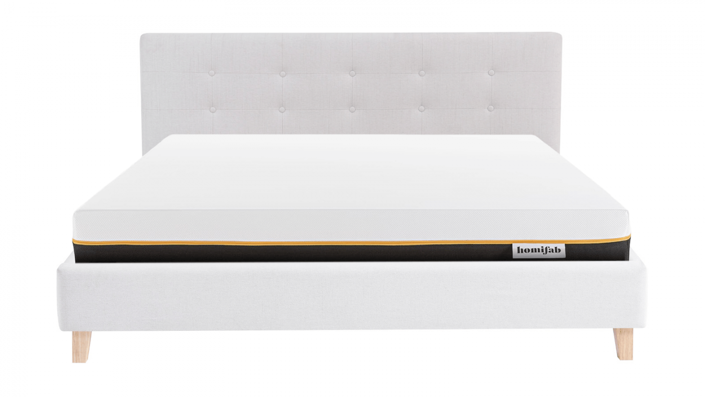 Ensemble Lit adulte 160x200cm avec tête de lit en tissu beige - Milo + Matelas mémoire de forme - Dual Confort