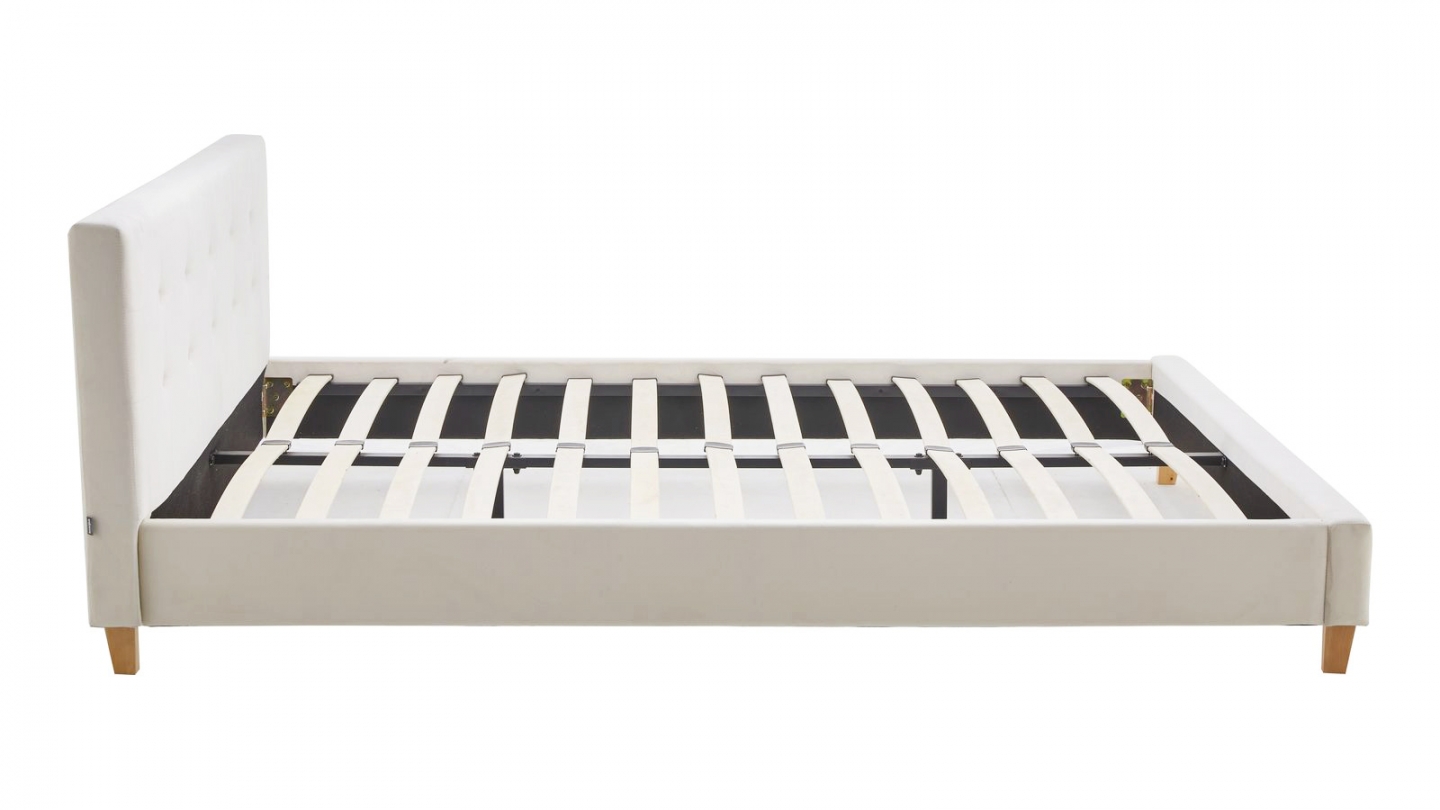 Ensemble Lit adulte 160x200cm avec tête de lit en velours beige - Milo + Matelas mémoire de forme - Dual Confort
