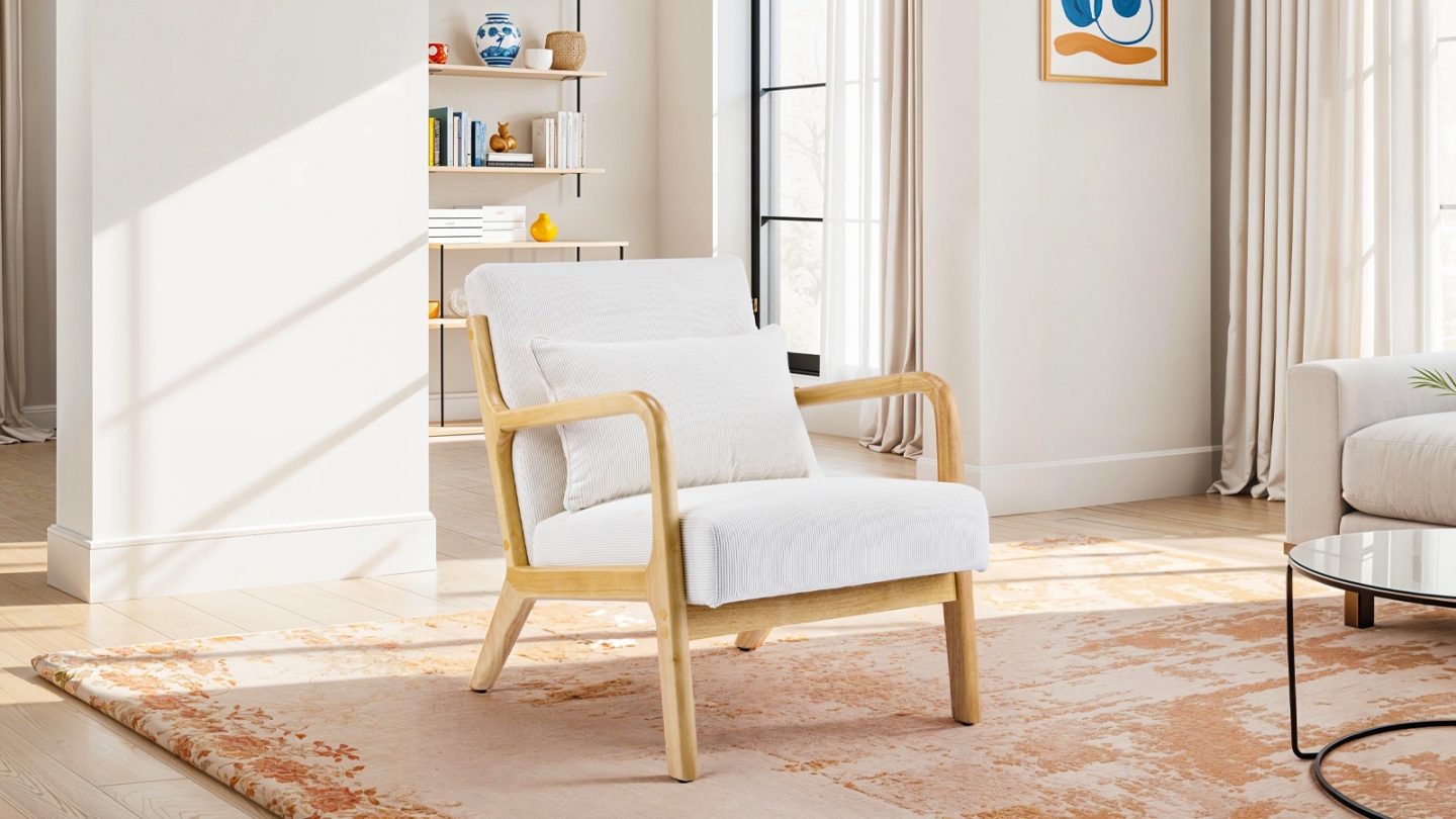 Fauteuil en bois et velours fines côtes beige - Lanna