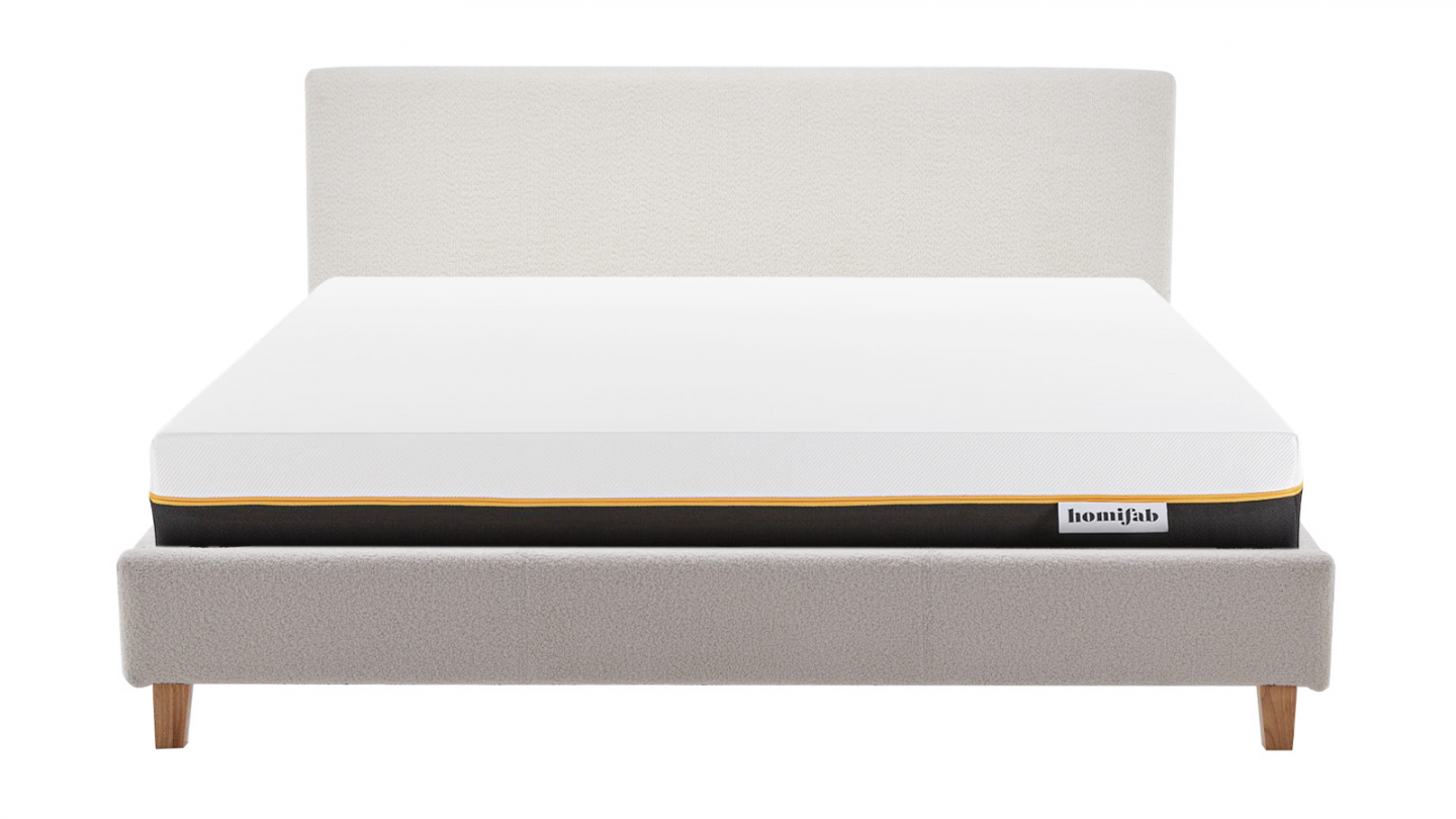 Ensemble Lit adulte 140x190cm avec tête de lit en tissu bouclé beige - Milo + Matelas mémoire de forme - Dual Confort