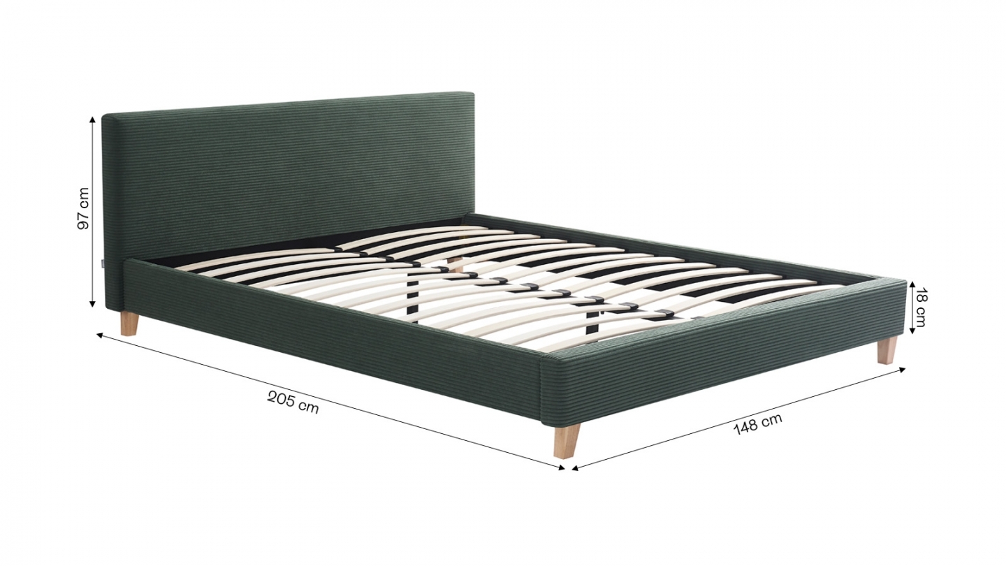 Ensemble Lit adulte 140x190cm avec tête de lit en velours côtelé vert kaki - Milo + Matelas mémoire de forme - Dual Confort