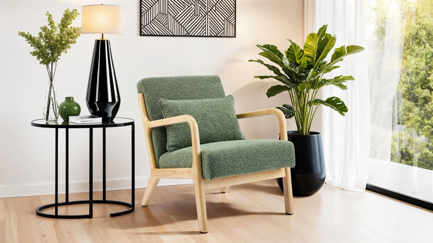 Fauteuil en bois et tissu bouclé vert - Lanna