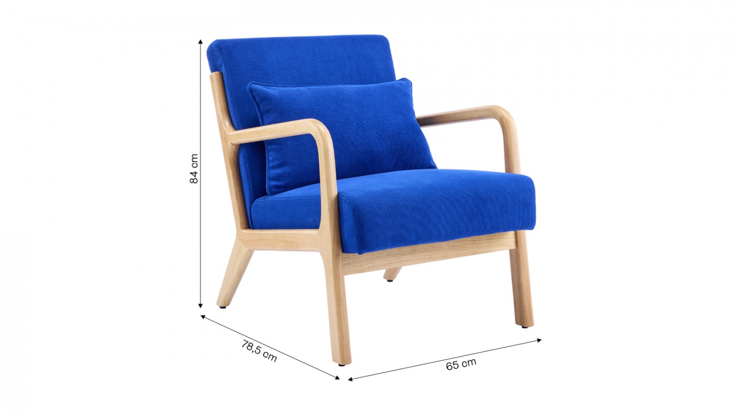 Fauteuil en bois et velours côtelé bleu électrique - Lanna