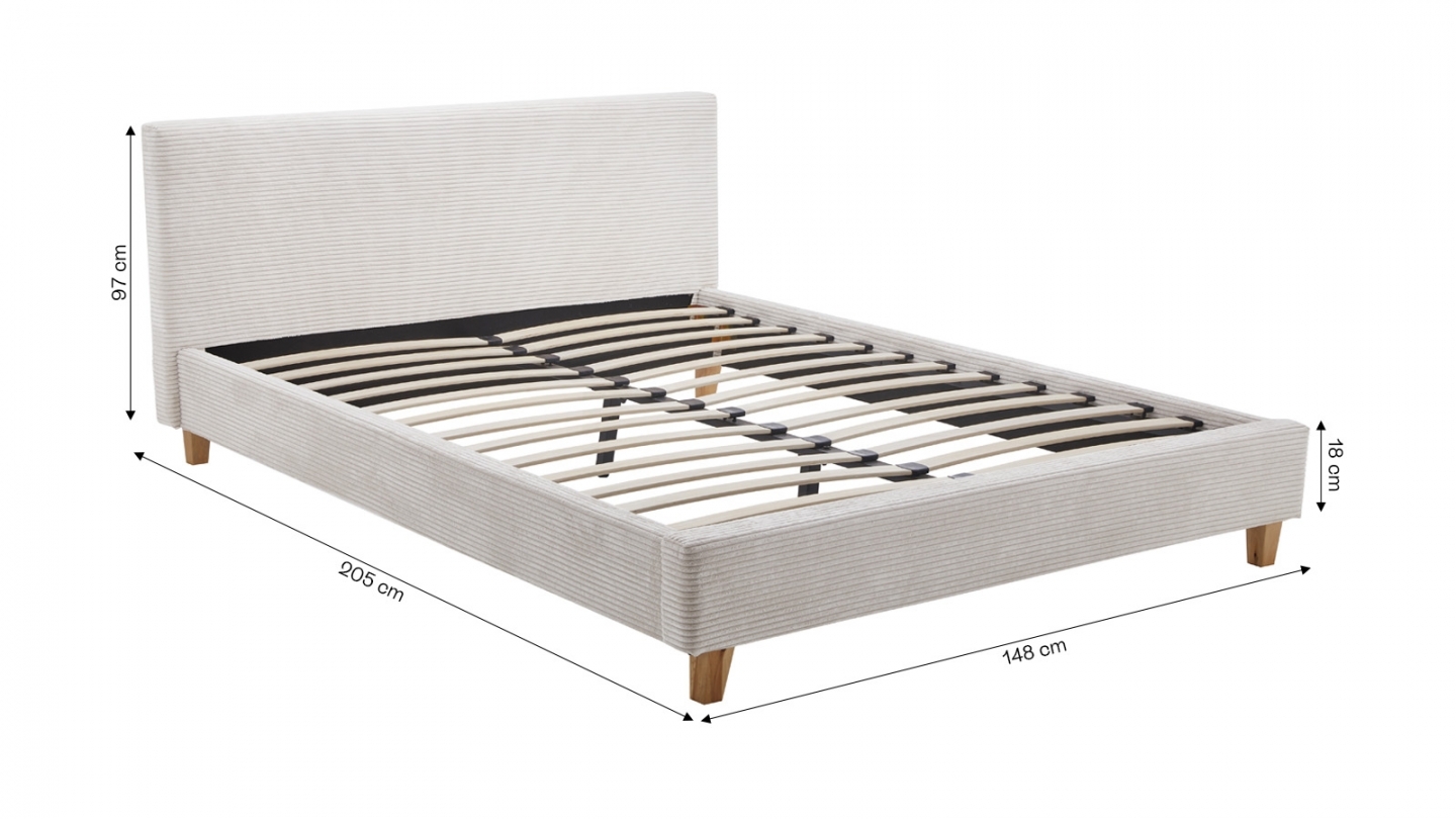 Ensemble Lit adulte 140x190cm avec tête de lit en velours côtelé beige - Milo + Matelas mémoire de forme - Dual Confort
