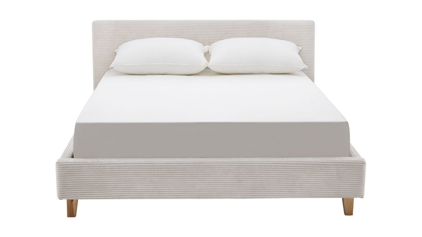 Ensemble Lit adulte 140x190cm avec tête de lit en velours côtelé beige - Milo + Matelas mémoire de forme - Dual Confort